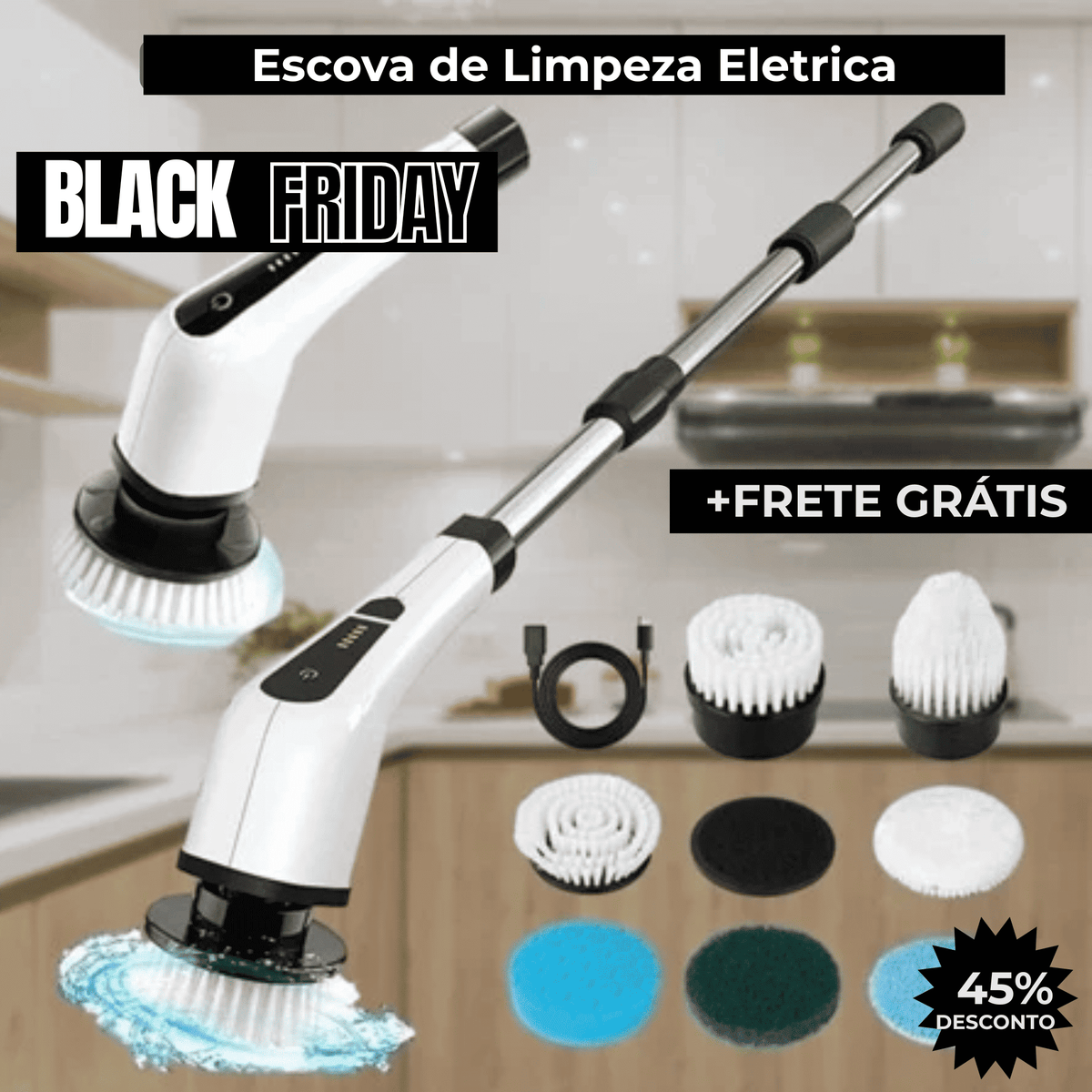 Escova Elétrica Multiuso 9 em 1 – Limpeza Sem Esforço CleanPro