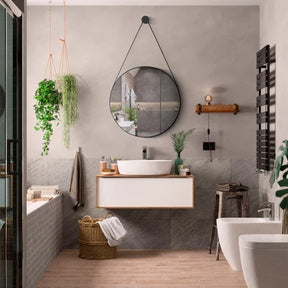 Espelho Couro Costurado Com Alça Banheiro