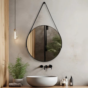 Espelho Couro Costurado Com Alça Banheiro