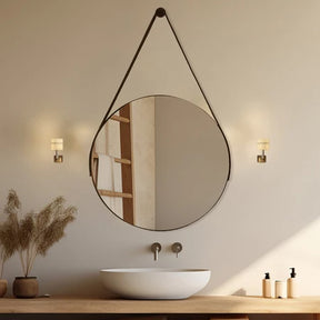 Espelho Couro Costurado Com Alça Banheiro