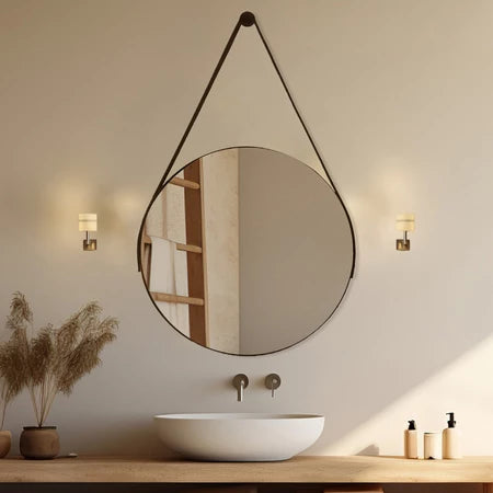 Espelho Couro Costurado Com Alça Banheiro